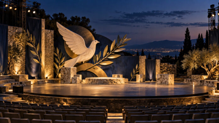 Φωτισμένη υπαίθρια θεατρική σκηνή με σύμβολα ειρήνης και κλαδιά ελιάς