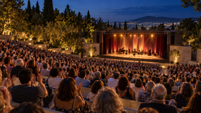 Πολυπληθές κοινό χειροκροτεί σε φωτισμένο υπαίθριο θέατρο μέσα σε καταπράσινο τοπίο