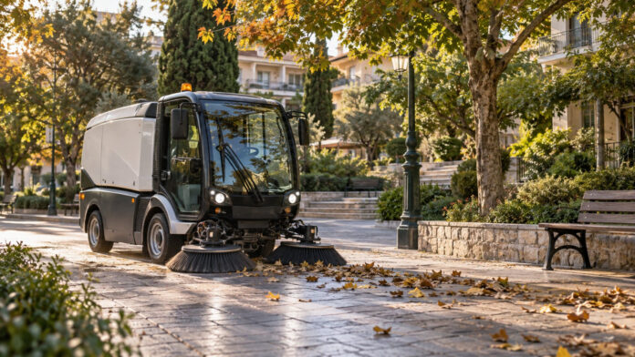 Μικρό ηλεκτρικό σάρωθρο καθαρίζει πλατεία με δέντρα και κοινόχρηστους χώρους