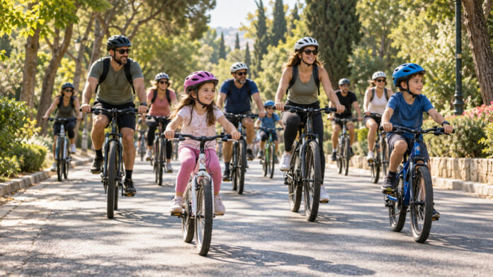 Ποδηλάτες με κράνη σε δενδροφυτεμένο δρόμο