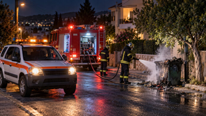 Όχημα πολιτικής προστασίας και πυροσβεστικό σε νυχτερινή αστική επιχείρηση κατάσβεσης