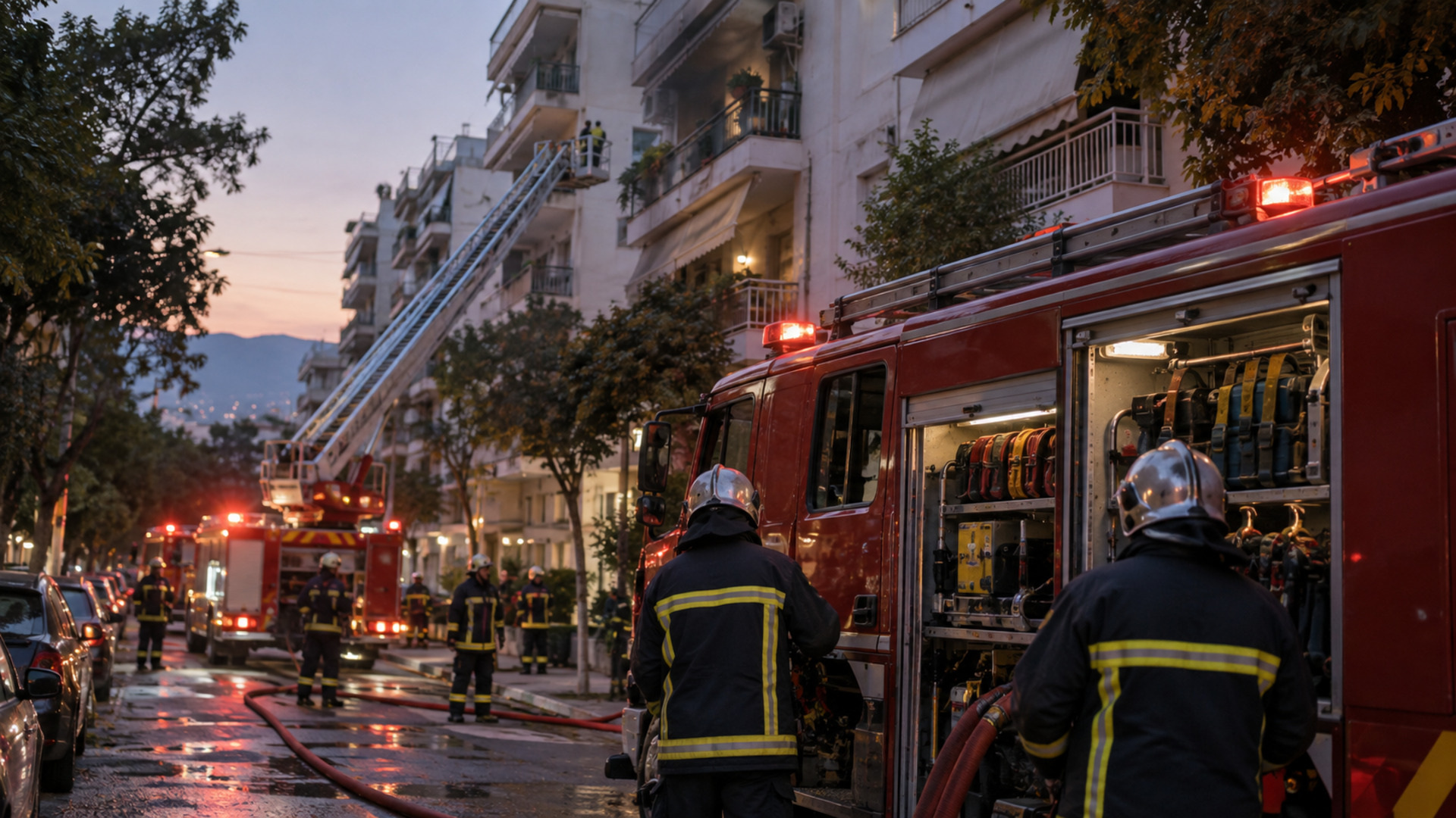 Πυροσβεστικά οχήματα και ειδικό κλιμακοφόρο έξω από πολυκατοικία μετά από επέμβαση