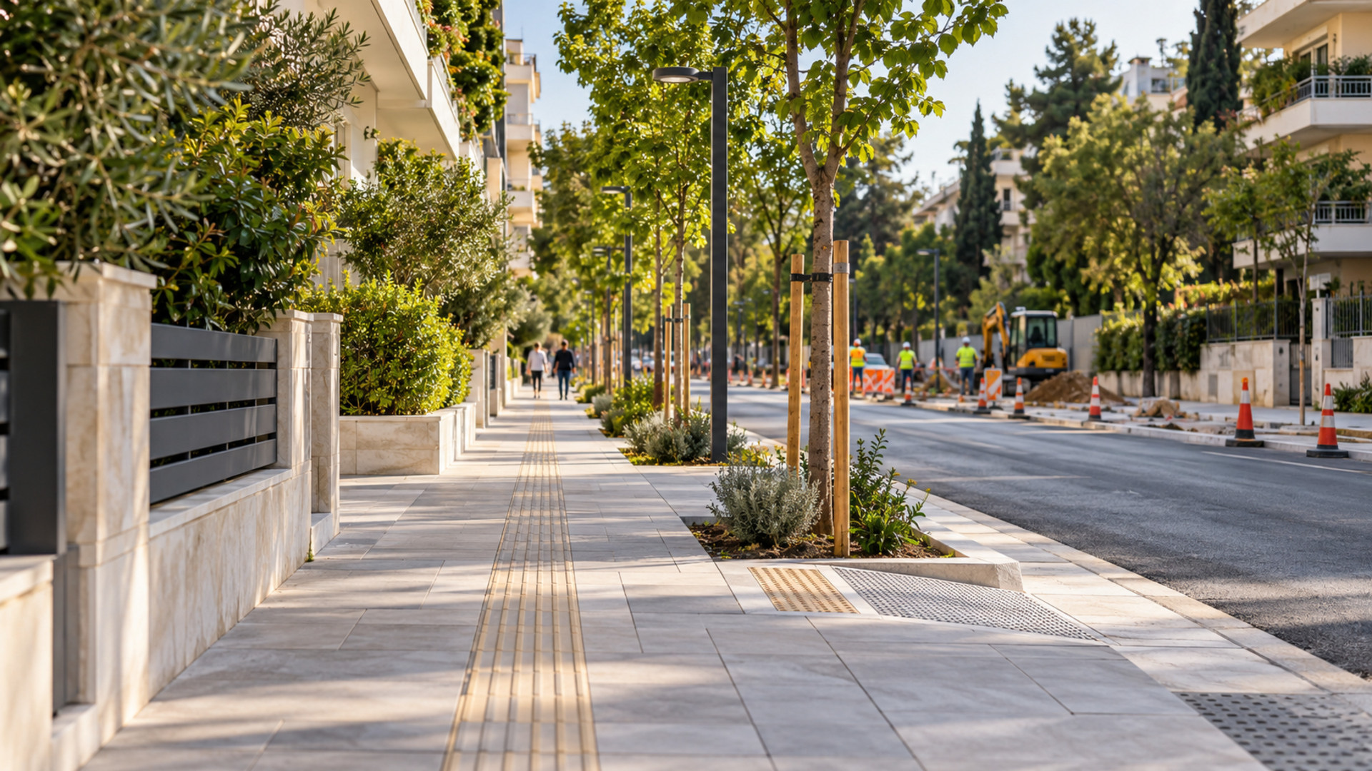 Αναβαθμισμένο προσβάσιμο πεζοδρόμιο με νέα δέντρα σε δρόμο αστικής γειτονιάς
