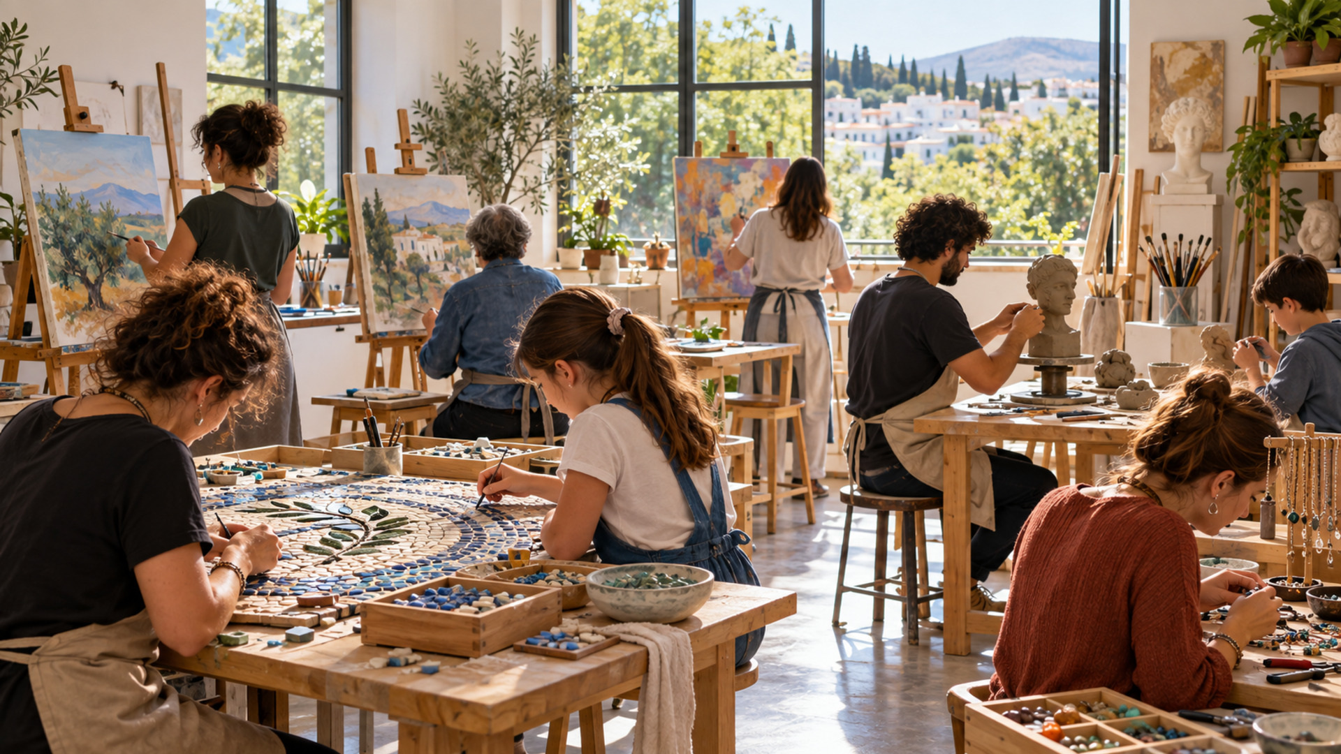 Παιδιά και ενήλικες δημιουργούν σε εργαστήριο ζωγραφικής, ψηφιδωτού και γλυπτικής