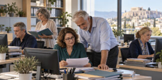 Αγία Παρασκευή: Πρόταση παράτασης για πέντε εργαζομένους Πέντε ώριμοι εργαζόμενοι συνεργάζονται σε σύγχρονο γραφείο δημοτικής υπηρεσίας