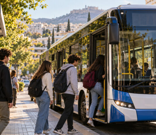 Αγία Παρασκευή: Δωρεάν πούλμαν φοιτητών προς Ζωγράφου με τηλεματική Φοιτητές επιβιβάζονται σε δημοτικό πούλμαν σε πρωινή στάση της Αγίας Παρασκευής