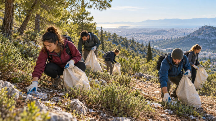 Εθελοντές συλλέγουν απορρίμματα σε πευκόφυτο μονοπάτι του Υμηττού