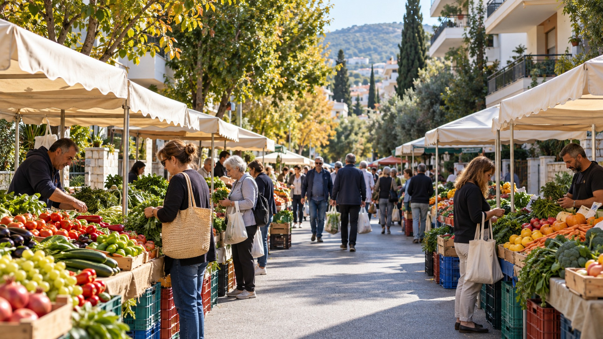 Πάγκοι με φρούτα και λαχανικά σε υπαίθρια λαϊκή αγορά της Αγίας Παρασκευής