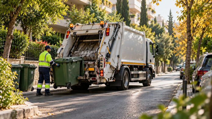 Μικρό απορριμματοφόρο και εργαζόμενος καθαριότητας σε στενό δρόμο κατοικίας