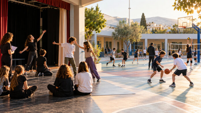 Μαθητές συμμετέχουν σε θεατρικές και αθλητικές δραστηριότητες σε σχολικό χώρο