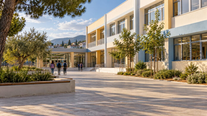 Αναβαθμισμένο σχολικό συγκρότημα με καθαρό προαύλιο και μαθητές στην είσοδο