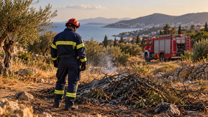 Πυροσβέστης ελέγχει χώρο όπου έχουν καεί υπολείμματα φυτικής βλάστησης