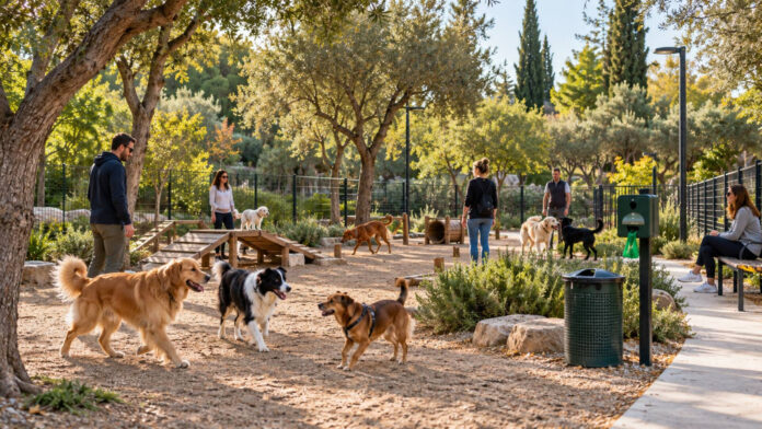 Σκύλοι παίζουν σε οργανωμένο και φωτισμένο πάρκο με τους συνοδούς τους