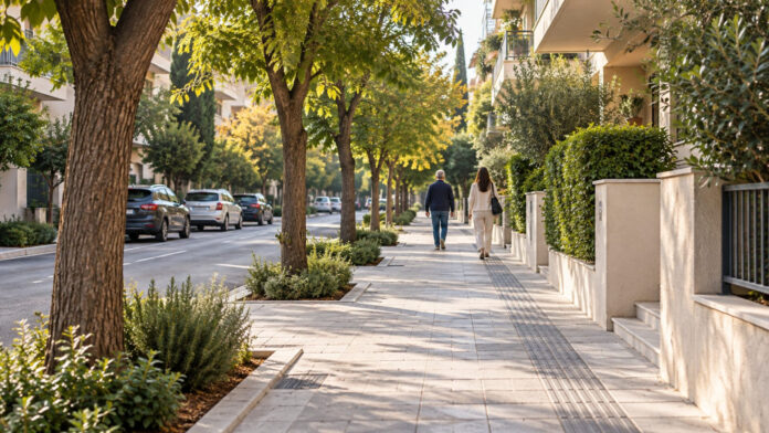 Καθαρό και ελεύθερο πεζοδρόμιο σε δενδροφυτεμένη γειτονιά της Άνω Πεύκης