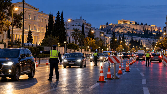 Τροχονόμοι ρυθμίζουν την κίνηση με κώνους και προσωρινά εμπόδια σε κεντρική λεωφόρο της Αθήνας