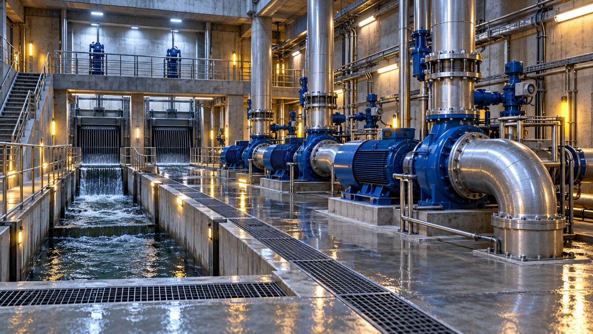 Σύγχρονες αντλίες και σωληνώσεις σε εγκατάσταση αποστράγγισης υπόγειας διάβασης