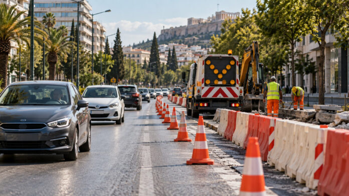 Εργοτάξιο στη δεξιά λωρίδα αστικής λεωφόρου με κώνους και ασφαλή διέλευση οχημάτων