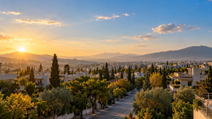 Ηλιόλουστο φθινοπωρινό πρωινό πάνω από τις πράσινες γειτονιές των βορείων προαστίων της Αττικής