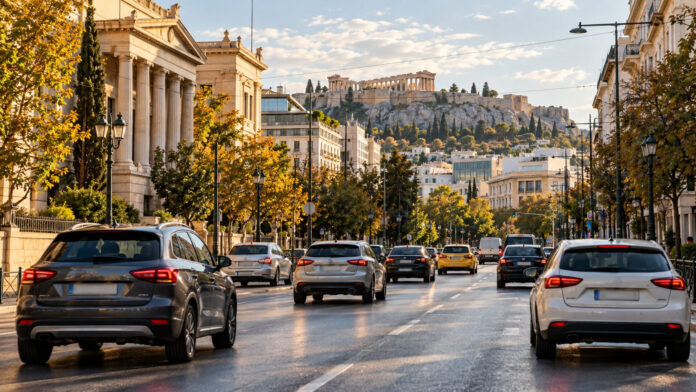Οχήματα κινούνται σε κεντρικό δρόμο της Αθήνας κατά την εφαρμογή του Μικρού Δακτυλίου