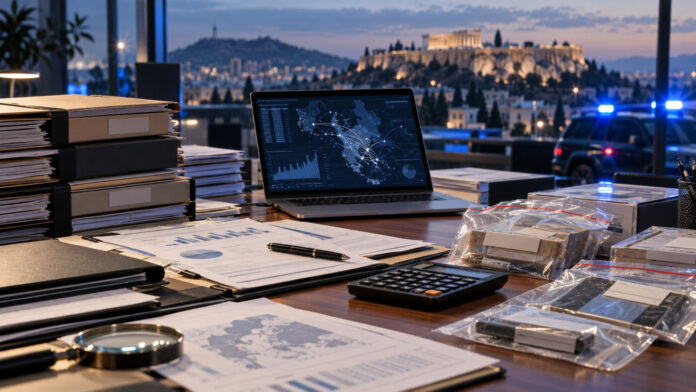Φάκελοι οικονομικής έρευνας, λογιστικά έγγραφα και υπολογιστής σε γραφείο ερευνών στην Αθήνα