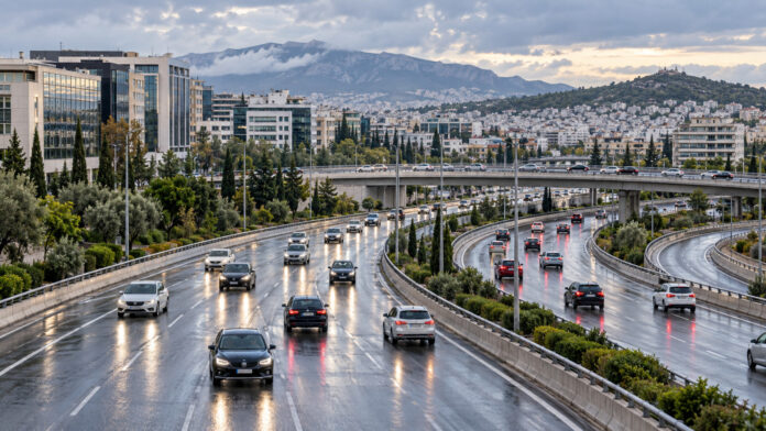 Ομαλή ροή οχημάτων σε σύγχρονο οδικό άξονα της Αττικής μετά τη βροχή