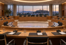 Αττική: Συνεδριάζει στις 22 Οκτωβρίου το Περιφερειακό Συμβούλιο Άδεια αίθουσα περιφερειακού συμβουλίου με έδρανα και μικρόφωνα πριν από συνεδρίαση