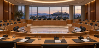 Αττική: Συνεδριάζει στις 22 Οκτωβρίου το Περιφερειακό Συμβούλιο Άδεια αίθουσα περιφερειακού συμβουλίου με έδρανα και μικρόφωνα πριν από συνεδρίαση