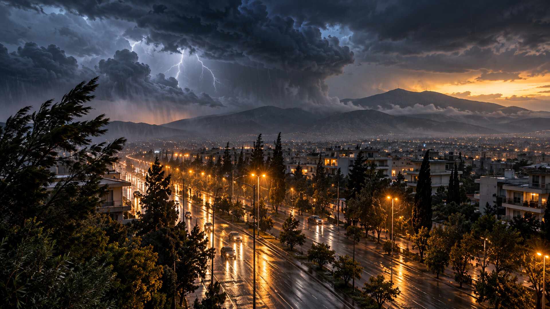 Ισχυρή καταιγίδα πάνω από αστική λεωφόρο της Αττικής με βροχή και θυελλώδεις ανέμους