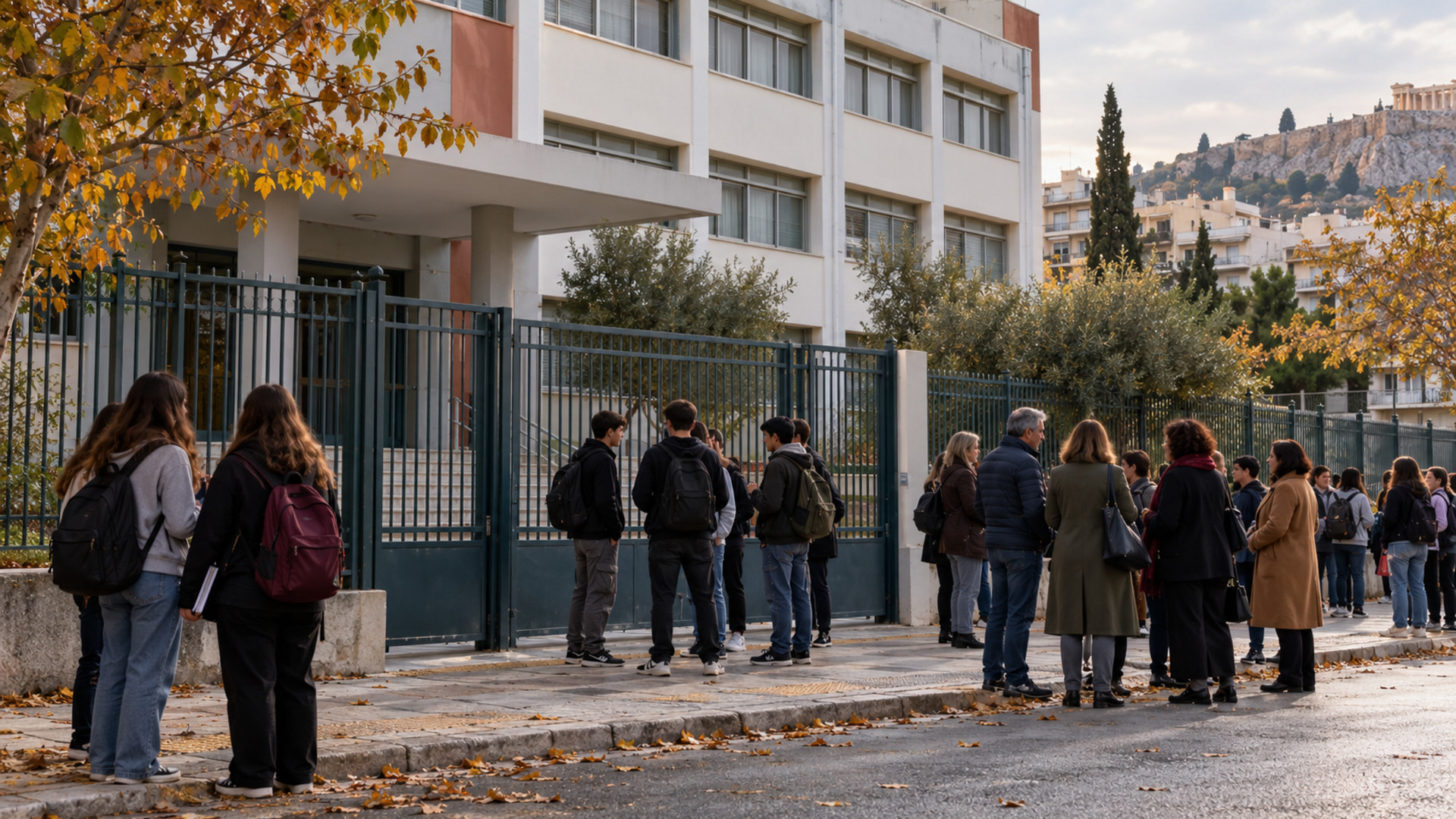 Μαθητές και εκπαιδευτικοί έξω από σχολικό κτίριο στην Αττική