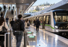 ΣΤΑΣΥ: 4.139 περισσότερα δρομολόγια στο οκτάμηνο του 2026 Σύγχρονος συρμός μετρό σε σταθμό με επιβάτες και πύλες εισιτηρίων