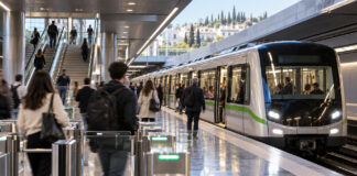 ΣΤΑΣΥ: 4.139 περισσότερα δρομολόγια στο οκτάμηνο του 2026 Σύγχρονος συρμός μετρό σε σταθμό με επιβάτες και πύλες εισιτηρίων