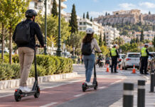Αττική: 154 παραβάσεις σε ελέγχους για ηλεκτρικά πατίνια Αναβάτες ηλεκτρικών πατινιών με κράνη κινούνται σε αστικό ποδηλατόδρομο κατά τη διάρκεια ελέγχων