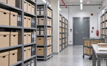 Χαλάνδρι: Έως 2 Νοεμβρίου οι προσφορές για ακίνητο δημοτικού αρχείου Οργανωμένος χώρος δημοτικού αρχείου με μεταλλικά ράφια, κιβώτια εγγράφων και πόρτα ασφαλείας