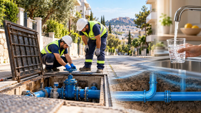 Συνεργείο ελέγχει δίκτυο ύδρευσης σε αστική γειτονιά