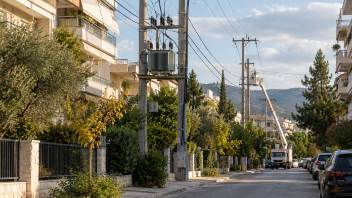 Δίκτυο ηλεκτροδότησης και συνεργείο συντήρησης σε αστική γειτονιά