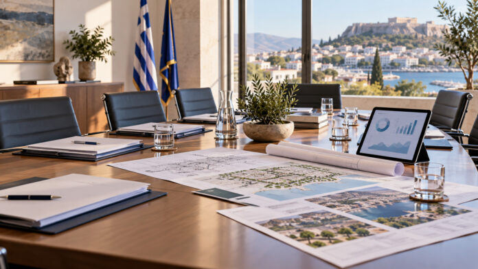 Τραπέζι δημοτικού συμβουλίου με φακέλους κυκλοφοριακών ρυθμίσεων και σχέδια δρόμων
