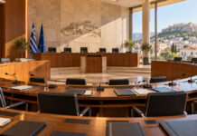 Χαλάνδρι: Οκτώ θέματα στο Δημοτικό Συμβούλιο της 14ης Οκτωβρίου Αίθουσα δημοτικού συμβουλίου με έδρανα, μικρόφωνα και φακέλους συνεδρίασης