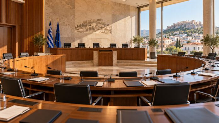 Αίθουσα δημοτικού συμβουλίου με έδρανα, μικρόφωνα και φακέλους συνεδρίασης