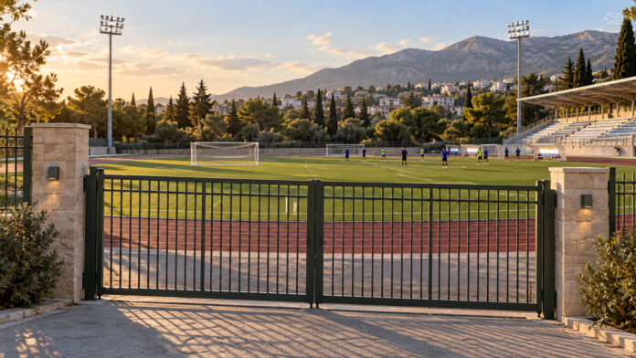 Κλειστή είσοδος αθλητικού συγκροτήματος με στίβο και γήπεδο ποδοσφαίρου