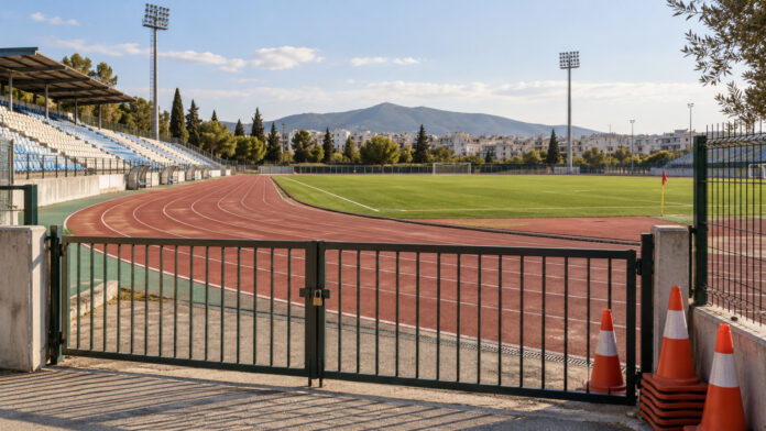 chalandri-perkizas-orario-20261008-0130-1920x1080-1 Κλειστή είσοδος σε δημοτικό στάδιο με στίβο και γήπεδο ποδοσφαίρου