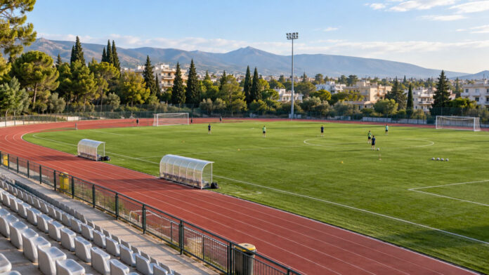 Δημοτικό γήπεδο ποδοσφαίρου με στίβο πριν από αγωνιστικό πρόγραμμα