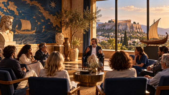 Συμμετέχοντες σε διαδραστικό σεμινάριο συζητούν γύρω από τον Οδυσσέα και τη σύγχρονη κοινωνία