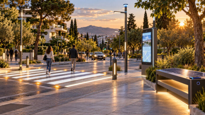Έξυπνη διάβαση, ψηφιακό κιόσκι και ηλιακό παγκάκι σε σύγχρονο αστικό δρόμο
