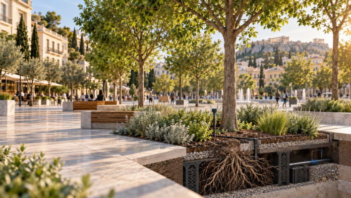 Αστικά δέντρα με υπόγειο χώρο ριζών και αυτοματοποιημένη άρδευση σε σύγχρονη πλατεία