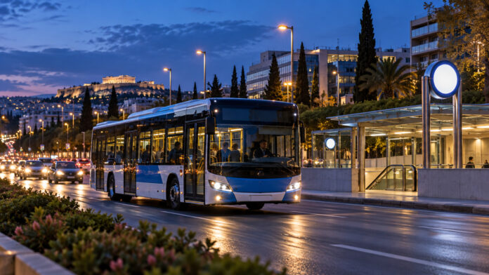 Αστικό λεωφορείο σε βραδινή διαδρομή δίπλα σε σταθμό μετρό