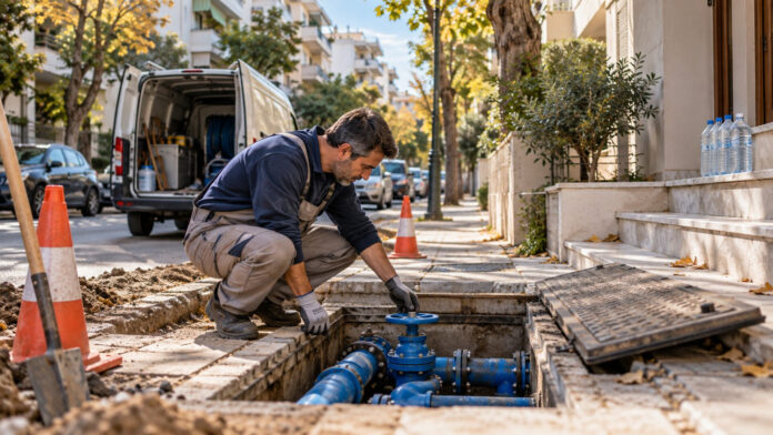 Τεχνικός ύδρευσης ελέγχει δικλείδα σε δίκτυο νερού σε αστικό δρόμο