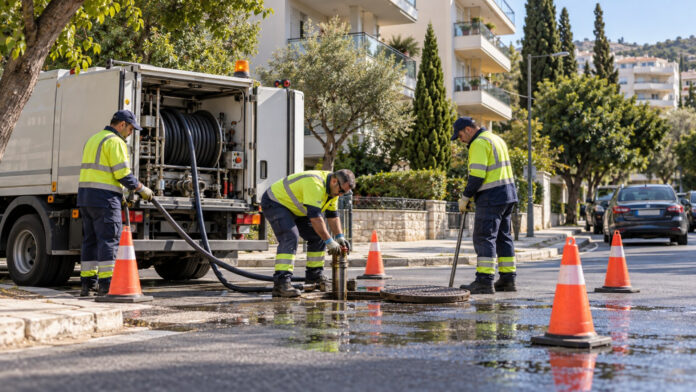 Συνεργείο ύδρευσης εργάζεται με εξοπλισμό ασφαλείας σε αστικό δρόμο του Χολαργού
