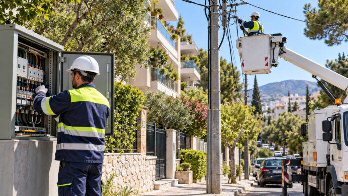 Τεχνικοί ηλεκτρικού δικτύου πραγματοποιούν εργασίες συντήρησης σε κατοικημένη περιοχή