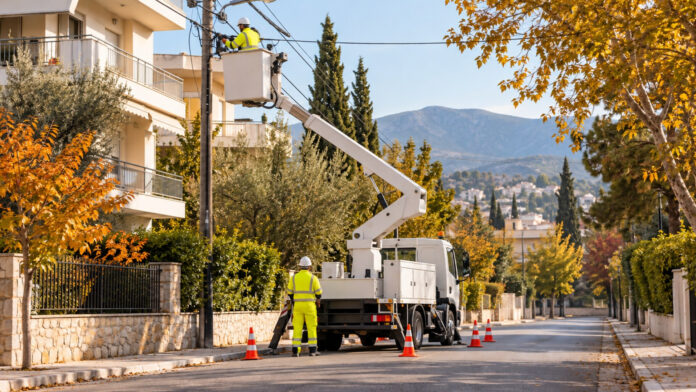 Συνεργείο ηλεκτροδότησης εργάζεται σε εναέρια καλώδια σε δρόμο των βορείων προαστίων