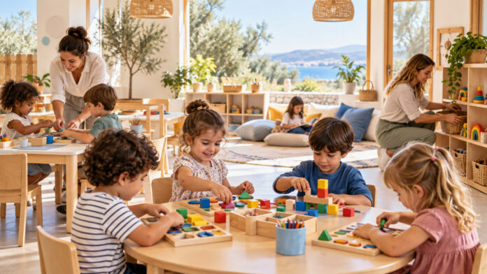 Παιδιά συμμετέχουν σε δημιουργικές δραστηριότητες σε σύγχρονο βρεφονηπιακό σταθμό